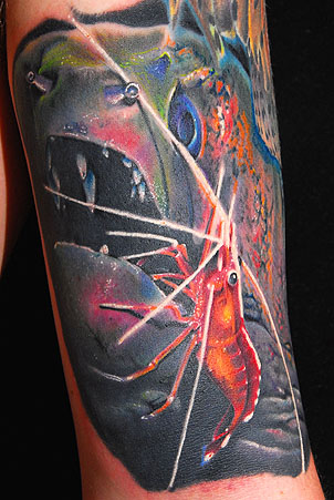 Chris Burnett - Color Eel and Shrimp Underwater Tattoo Chris Burnett Art Junkies